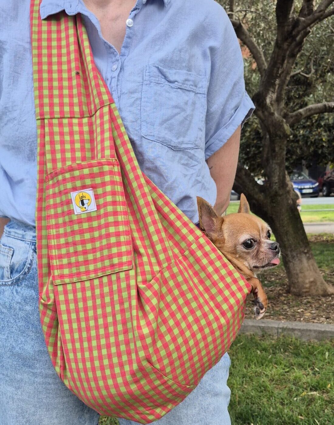 Bolso bandolera Vichy verde y naranja para llevar perros pequeños