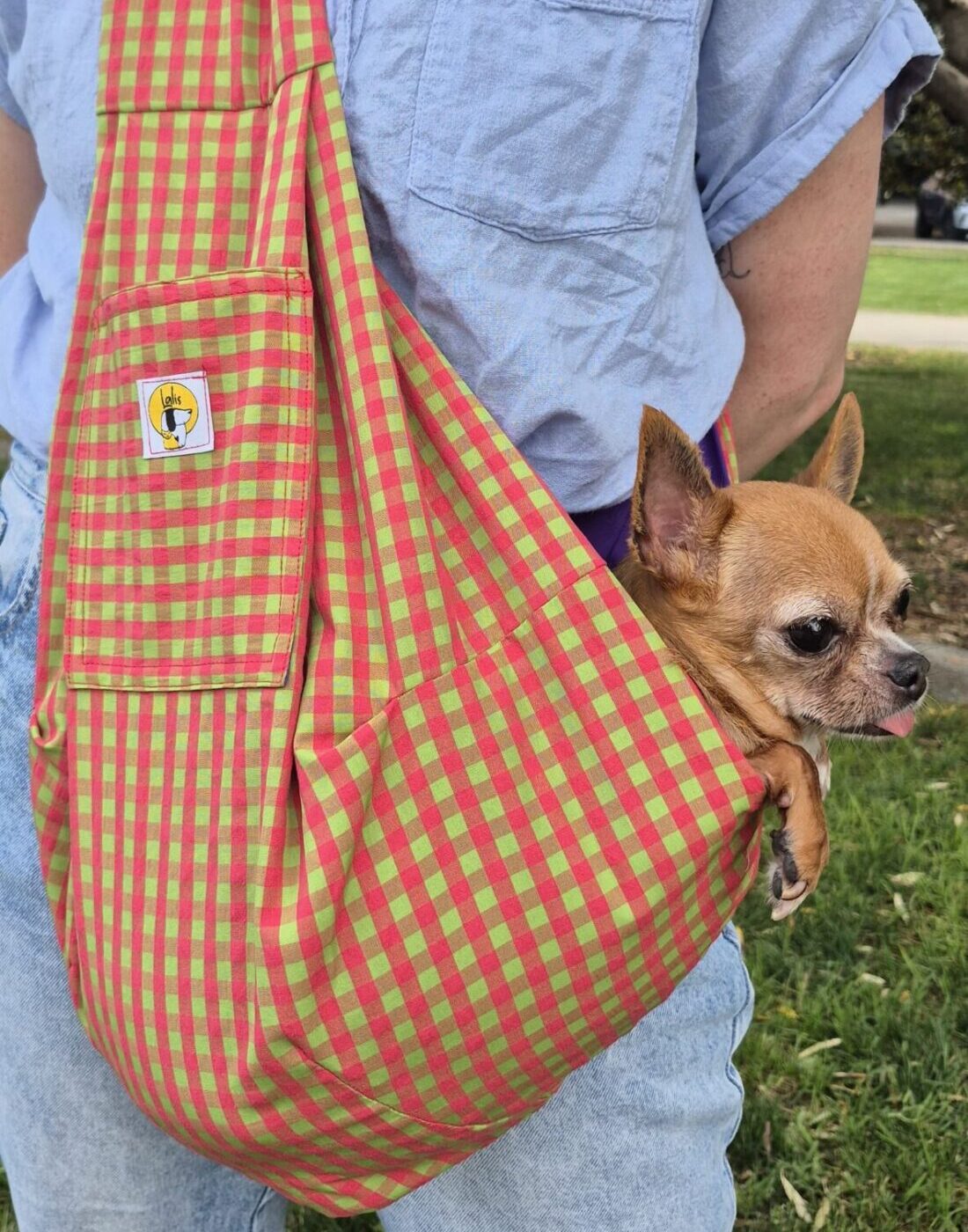 Bolso bandolera Vichy verde y naranja para llevar perros pequeños - Imagen 4
