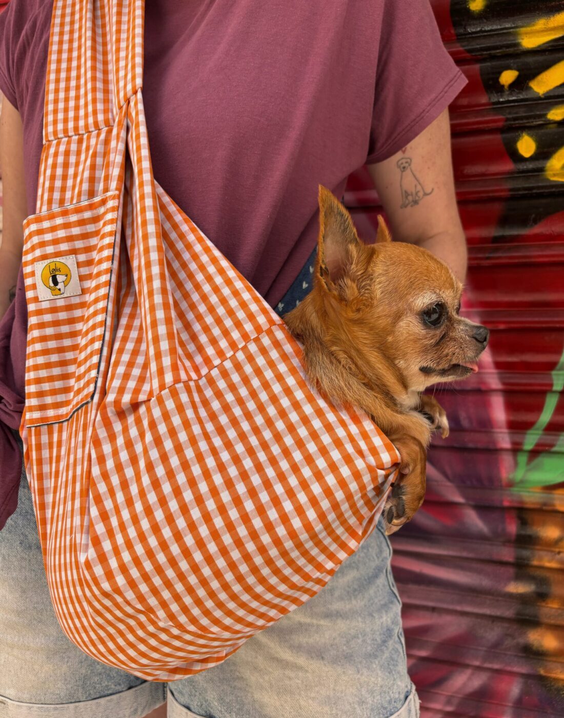 Bolso bandolera Vichy naranja para llevar perros pequeños - Imagen 2