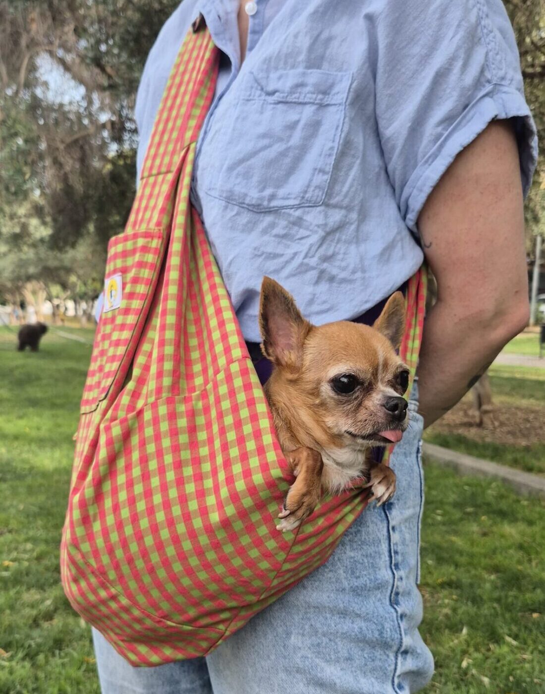 Bolso bandolera Vichy verde y naranja para llevar perros pequeños - Imagen 3