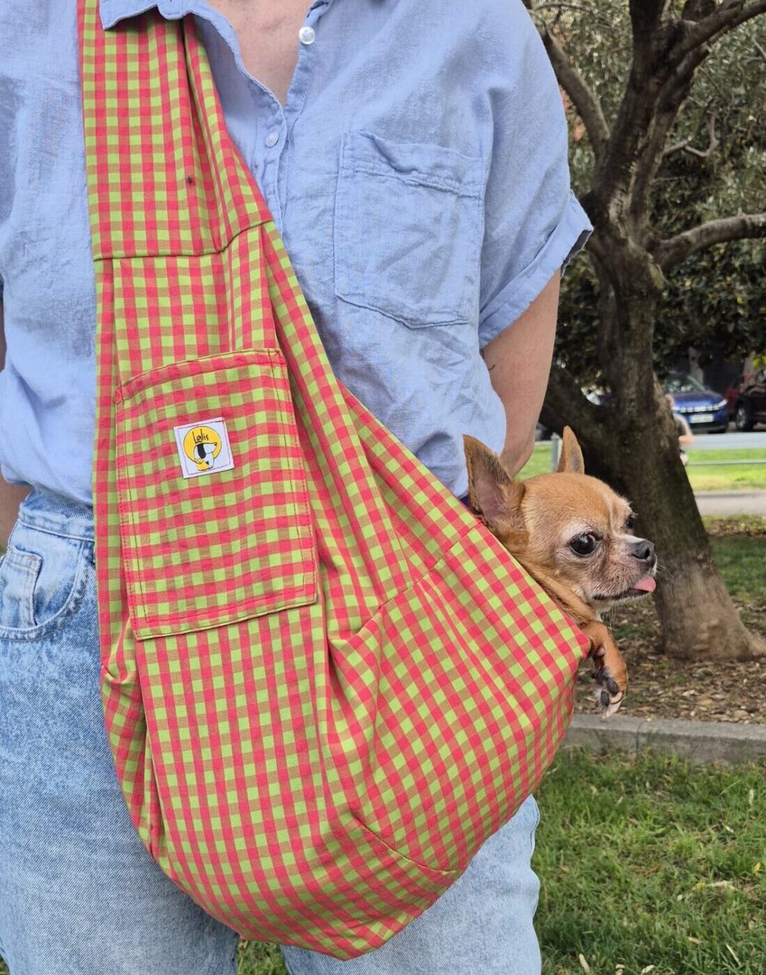 Bolso bandolera Vichy verde y naranja para llevar perros pequeños - Imagen 2